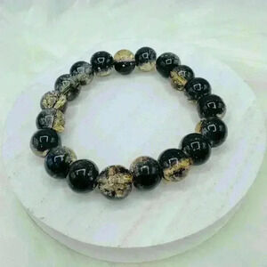 Gold & Black Glass Beaded Bracelet